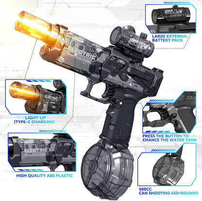 Electric Continuous Firing Water Gun Fully Automatic with Light Flame Large Capacity Water Blaster Summer Outdoor Beach Toy