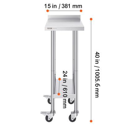 Stainless Steel Work Table Commercial Food Prep Worktable with Casters Heavy Duty Prep Worktable for Restaurant Home Hotel